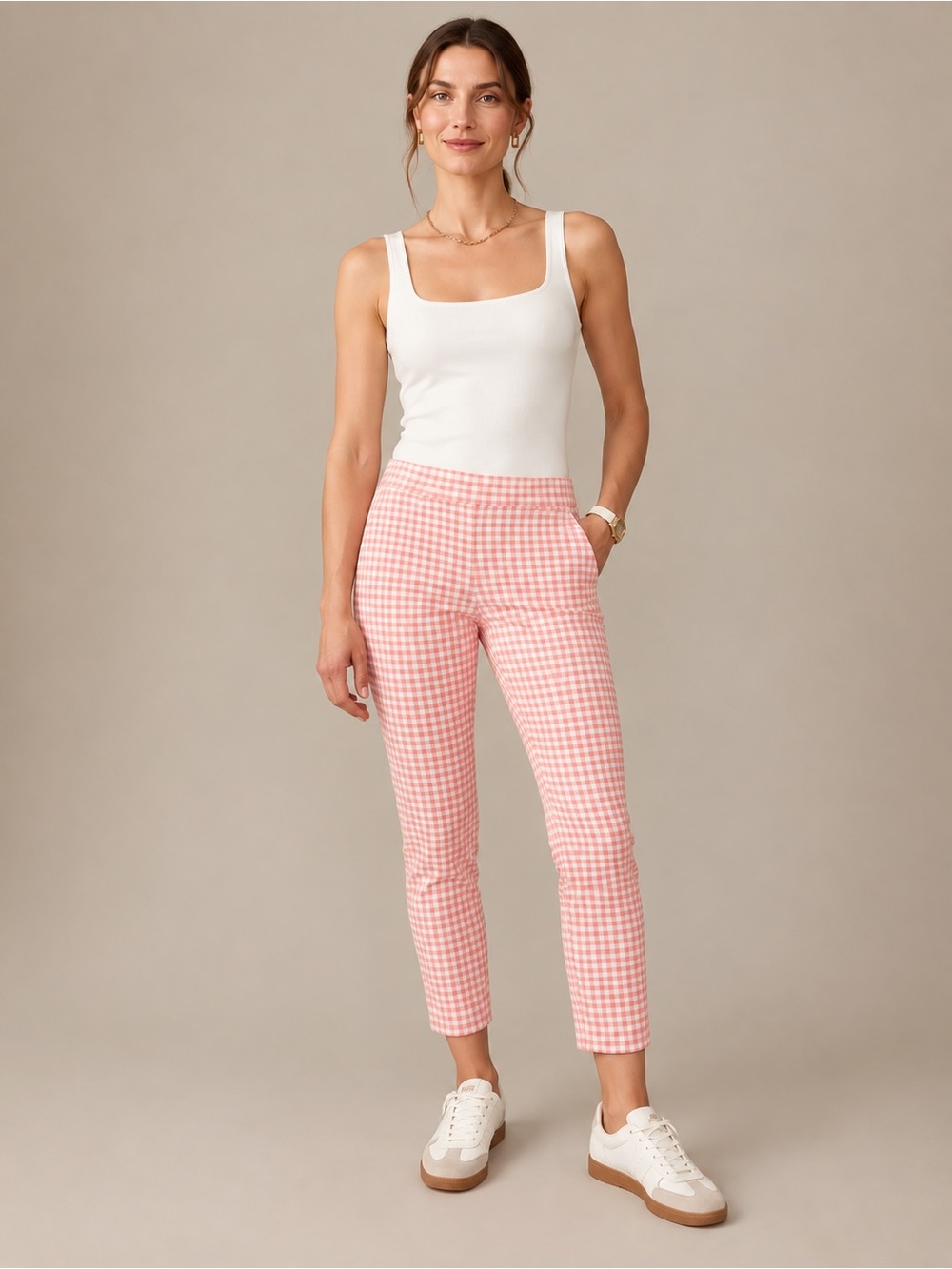 J. McLaughlin Pink & White Gingham Stretch Pants – Size 10